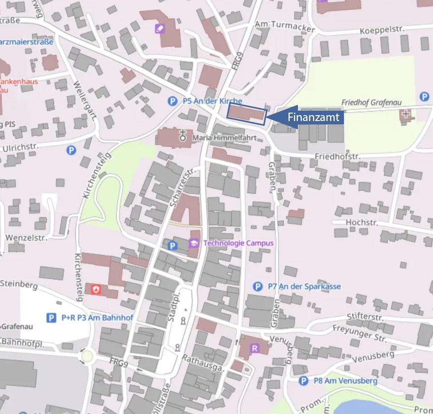  Lageplan mit Markierung des Finanzamts Grafenau, Friedhofstraße 1